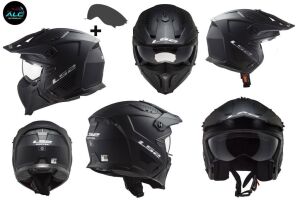LS2 Drfiter Trial Motosiklet Kaskı (Çıkarılabilir çene koruması ve renkli vizör ile Alc Motosiklet Mat Siyah - MEDIUM