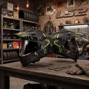 LS2 Pioneer 2 Crazy Kapalı Motosiklet Kaskı Kpa Kabuk Güneş Vizörlü Ece 22.06 - Alc Motosiklet Mat Siyah Gri Neon Sarı - LARGE
