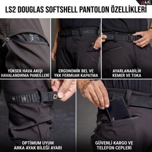 Douglas Su ve Rüzgar Geçirmez 3 Katmanlı Softshell Korumalı Motosiklet Pantolonu Siyah - XLARGE